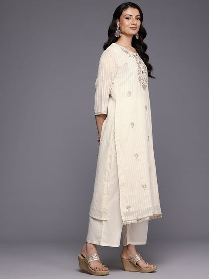 Dhiyona VA Women'sOff White Striped Regular Thread Work Kurta With Trouser With Dupatta
