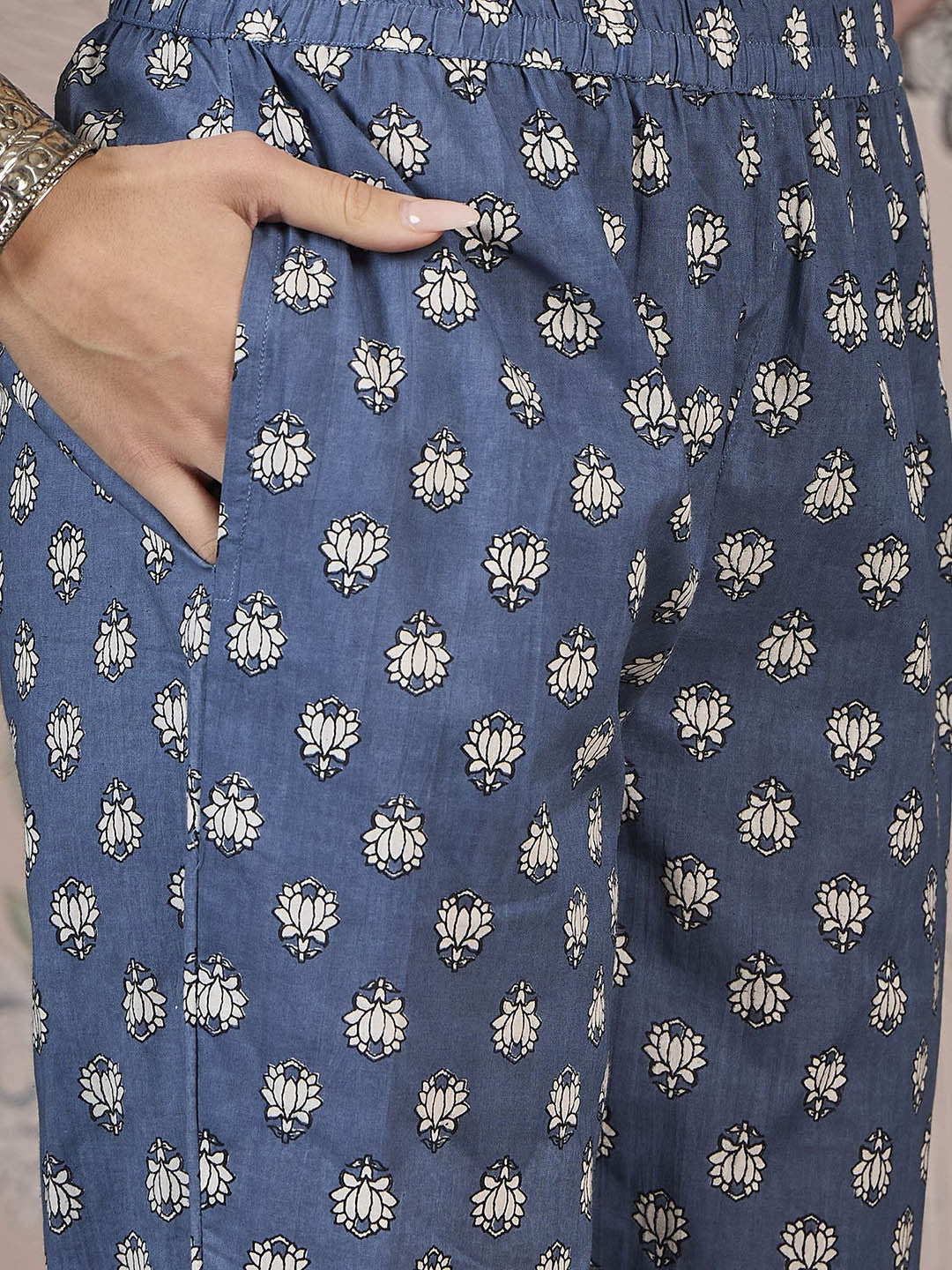Floral Printed Zari Pure Cotton A-Line Kurta With Trousers And Dupatta