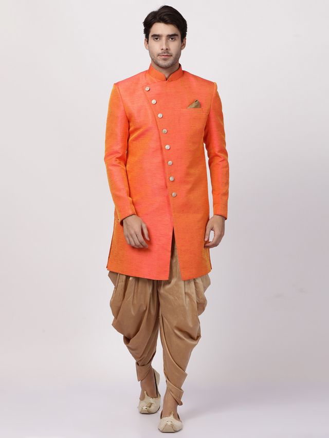 Men's Orange Silk Blend Straight Sherwani Set