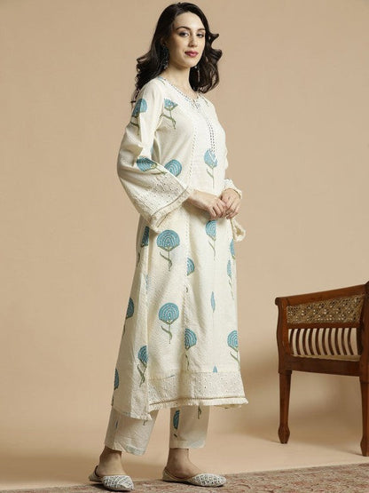 Women's White & Blue Floral Printed Notch Neck Thread Work Cotton A-Line Kurta & Trouser