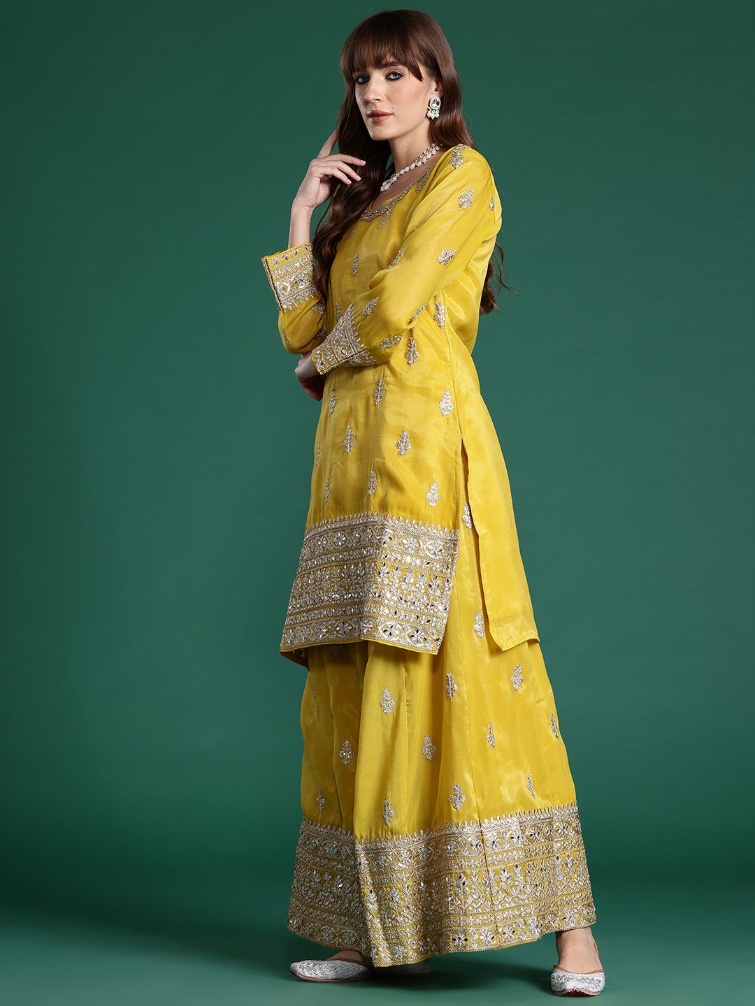 Dhiyona IE Ethnic Motifs Embroidered Sequinned Kurta with Palazzos & With Dupatta
