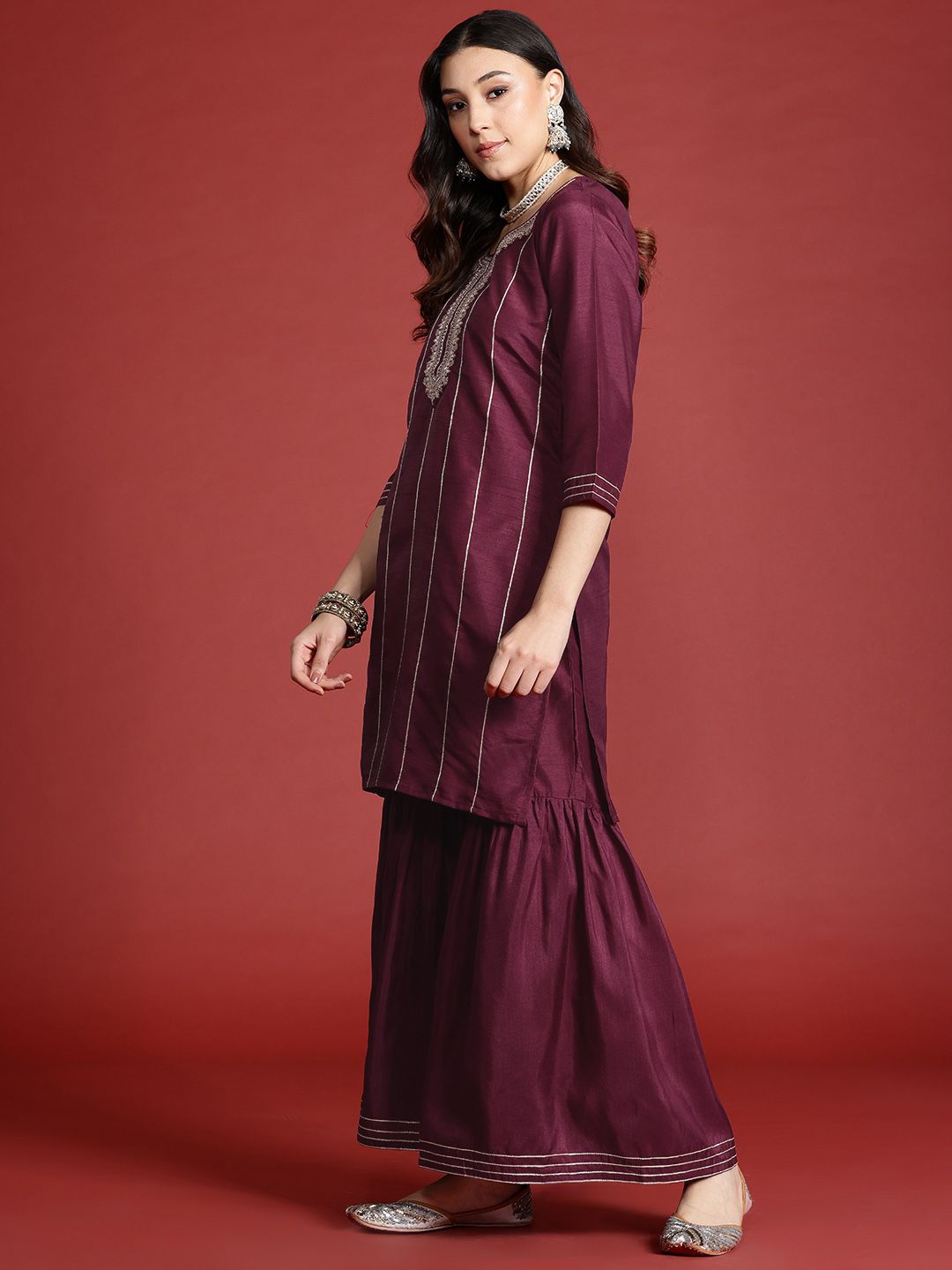 Dhiyona AN Women Embroidered Zari Kurta with Sharara & Dupatta