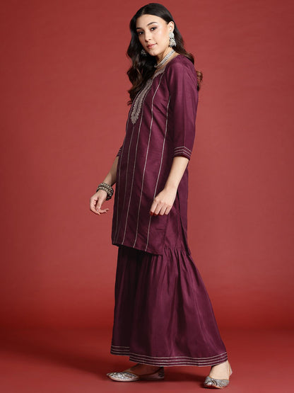 Dhiyona AN Women Embroidered Zari Kurta with Sharara & Dupatta