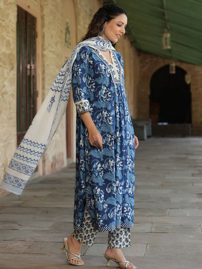 Dhiyona RR Women's Ethnic Motifs Printed Thread Work Pure Cotton Kurta with Trousers & Dupatta