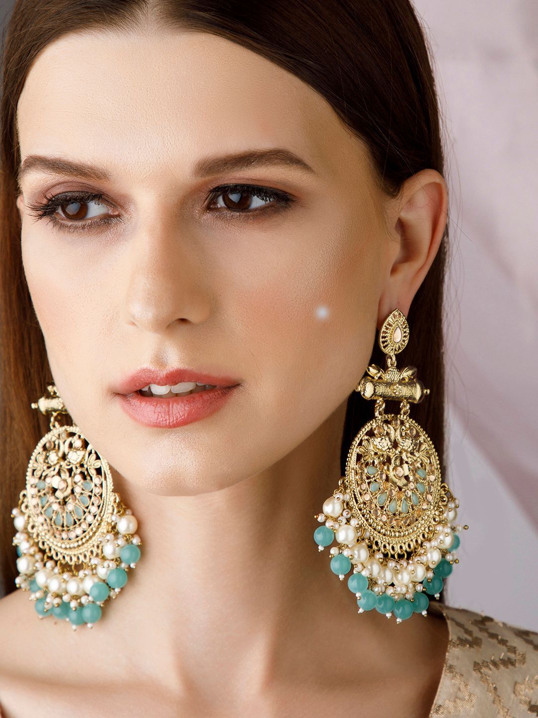 Dhiyona RJ Women's 18K Antique Gold-Plated Big Chandbali with Pearl & Turquoise Blue Bead Accents