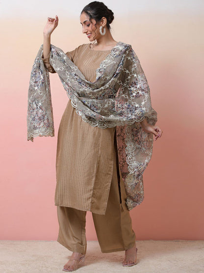 Striped Embroidered Boat Neck Sequinned Straight Kurta With Palazzo & Dupatta