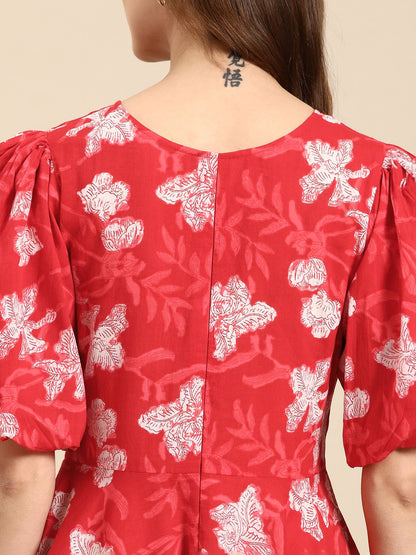 Dhiyona AY Women's Floral Print Puff Sleeves Pure Cotton A-Line Midi Dress