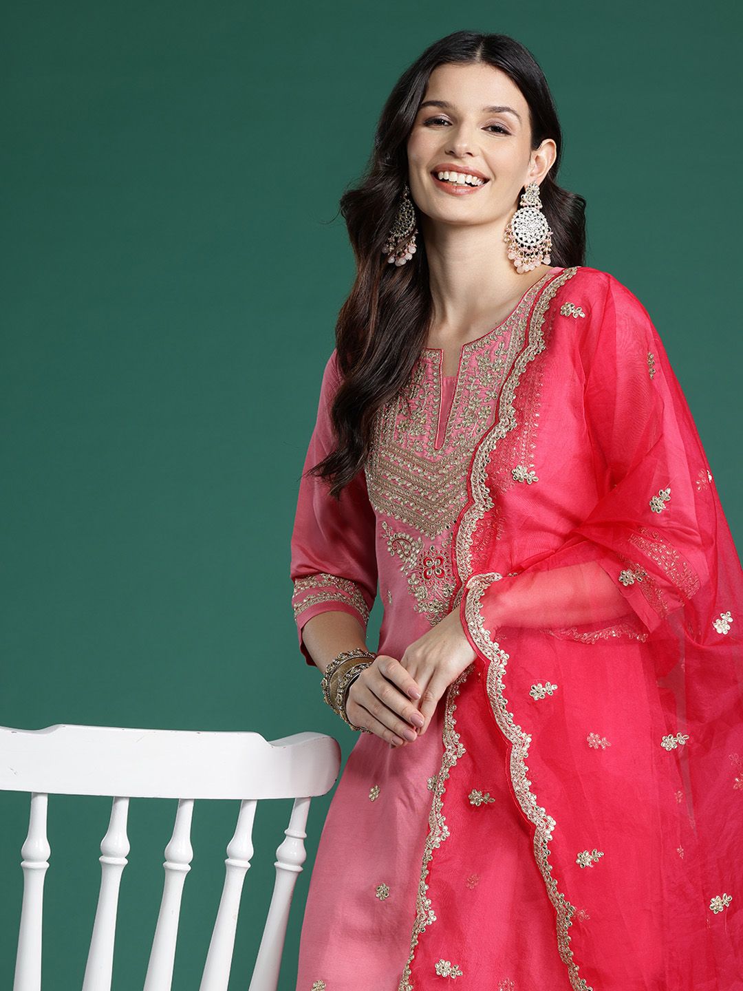 Dhiyona IE Ethnic Motifs Embroidered Sequinned Kurta With Trousers & Dupatta