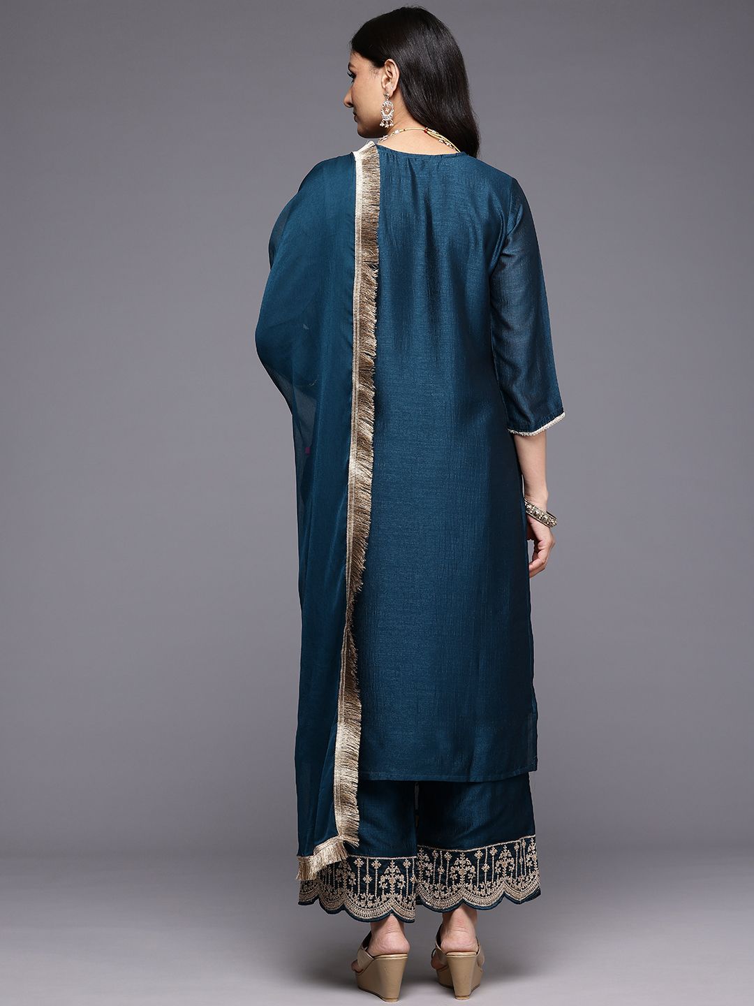 Dhiyona VA Ethnic Motifs Embroidered Zari Kurta With Palazzos & Dupatta