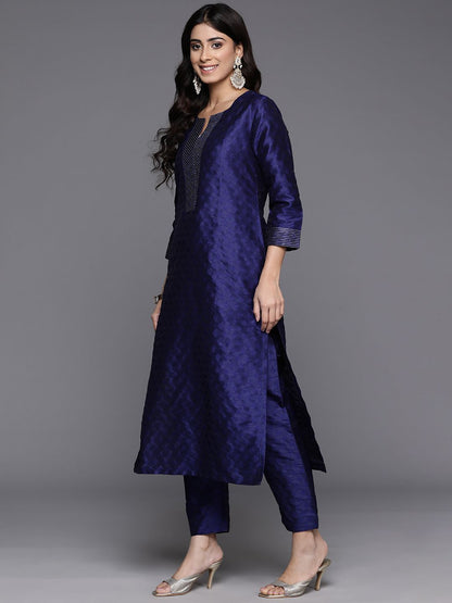 Navy Blue Woven Design Zari Kurta with Trousers & Dupatta