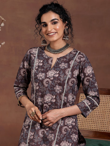 Floral Printed Notch Neck Straight Kurta With Trousers