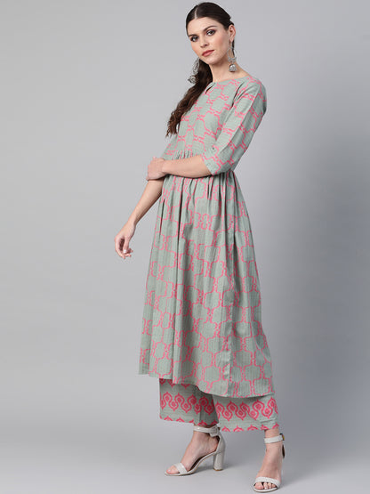Women Green & Pink Printed Kurta with Palazzos