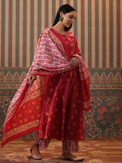 Dhiyona RR Women's Fuchsia Floral Printed Pure Cotton Kurta with Trousers & With Dupatta