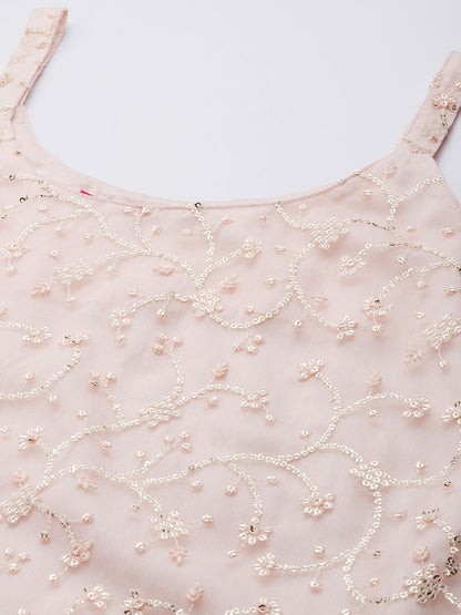 Dhiyona VA Women Peach-Coloured Floral Sequinned Kurta with Sharara & With Dupatta