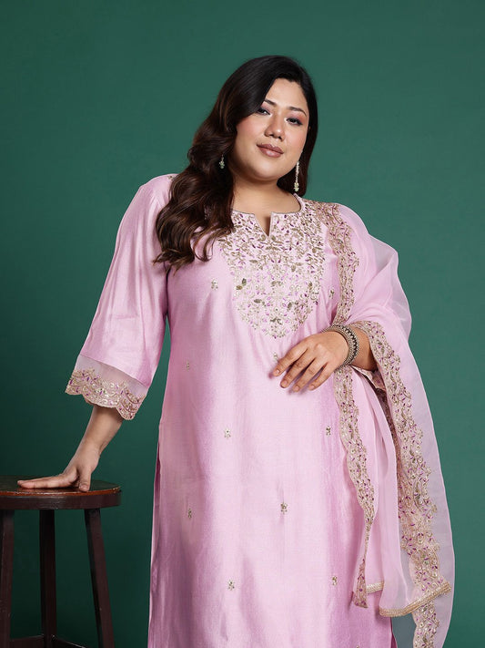Dhiyona Women's Plus Size Ethnic Motifs Embroidered Sequinned Liva Kurta Set