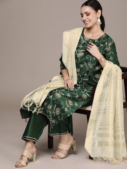 Dhiyona AN Women Floral Printed Regular Chanderi Silk Kurta with Sharara & With Dupatta