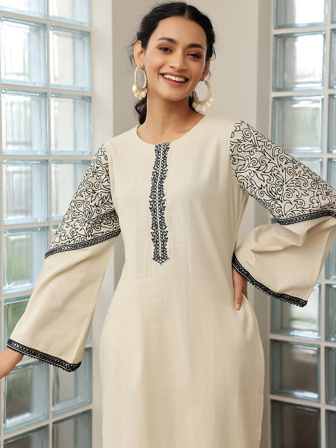 Thread Work Straight Kurta With Palazzos & Dupatta