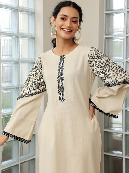 Thread Work Straight Kurta With Palazzos & Dupatta