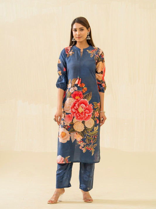 Dhiyona IS Women's Floral Printed Regular Cotton Kurta with Trousers