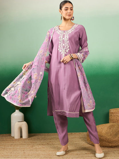 Purple Floral Embroidered Jacquard Straight Kurta With Trousers & Dupatta