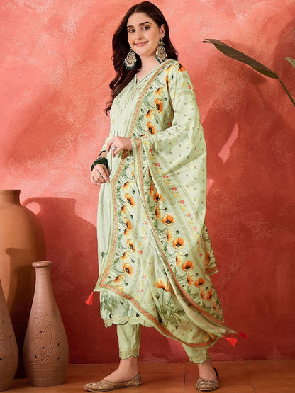 Dhiyona CH Women Floral Printed Empire Kurta with Trousers & Dupatta