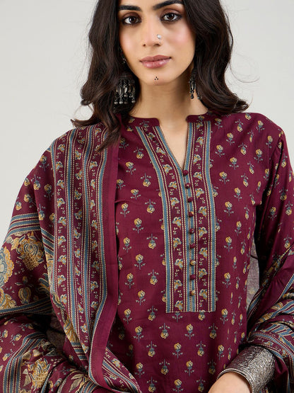 Burgundy Floral Printed Mandarin Collar Pure Cotton Kurta with Salwar & Dupatta