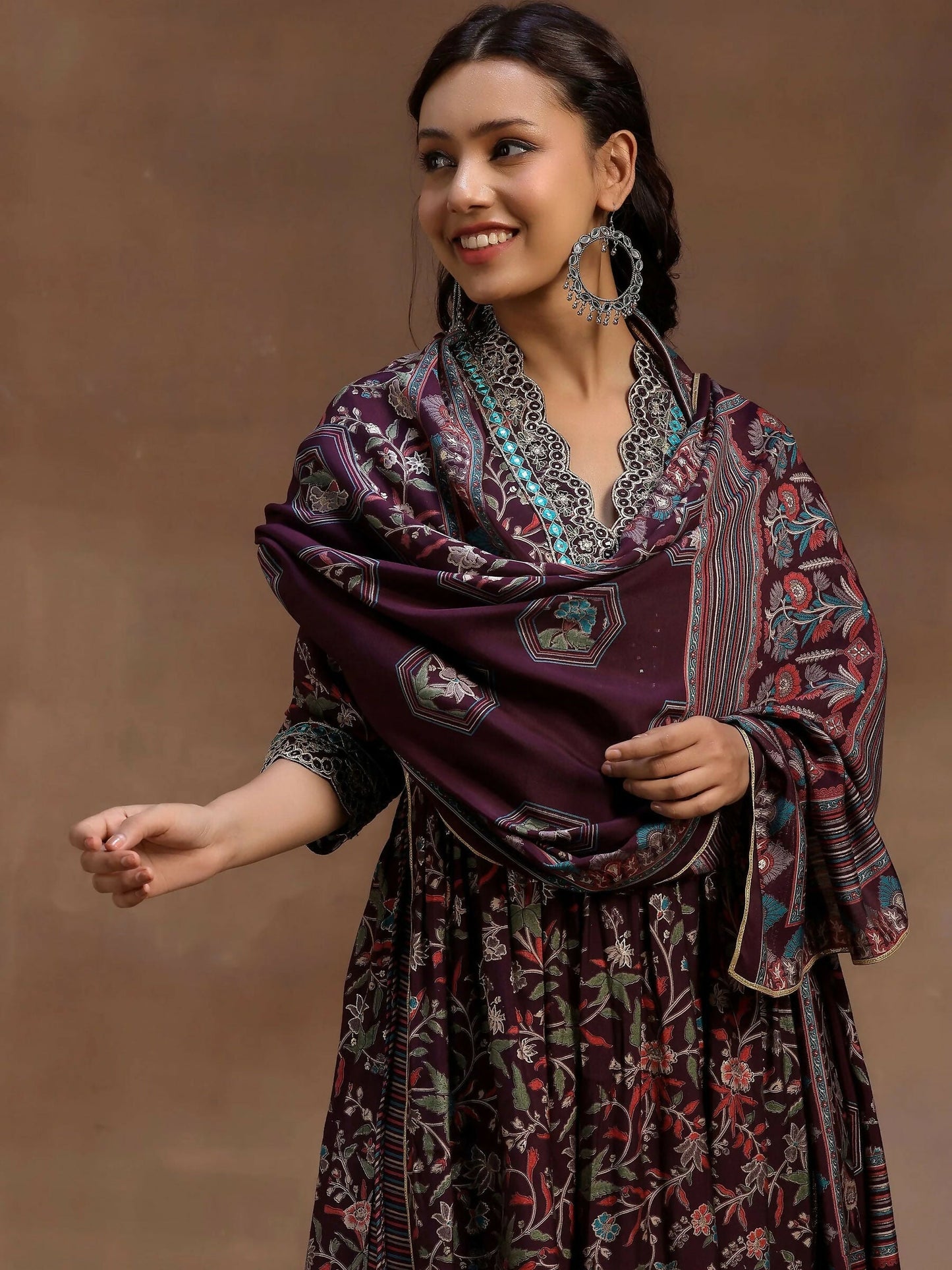 Women's LB Burgundy Printed Silk Blend A-Line Kurta With Palazzos & Dupatta