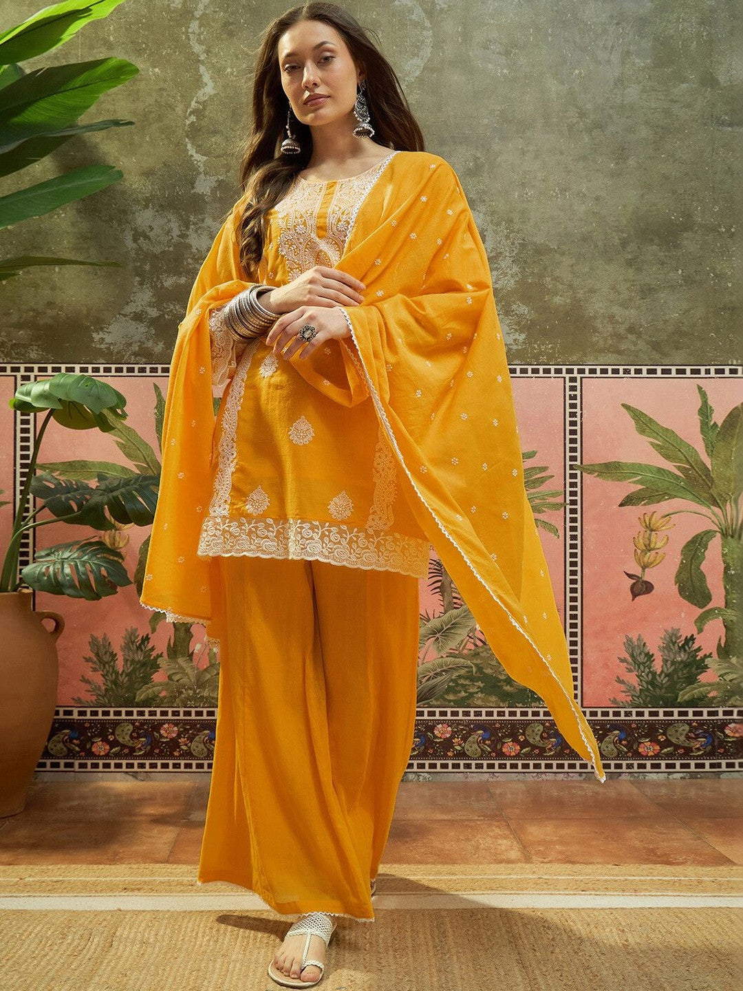 Dhiyona SN Embroidered Round Neck Kurta & Palazzos With Dupatta