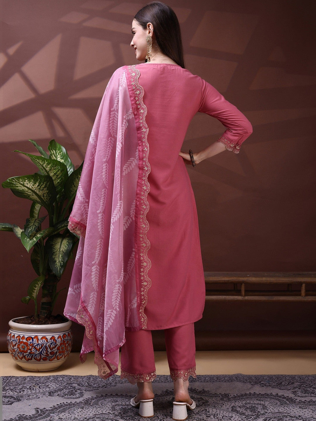 Embroidered Sweetheart Neck Kurta & Trousers With Dupatta