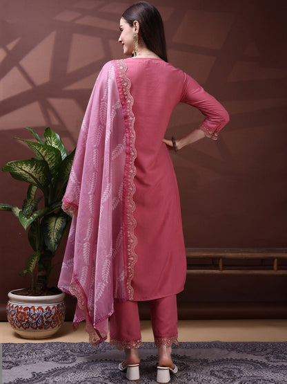 Embroidered Sweetheart Neck Kurta & Trousers With Dupatta