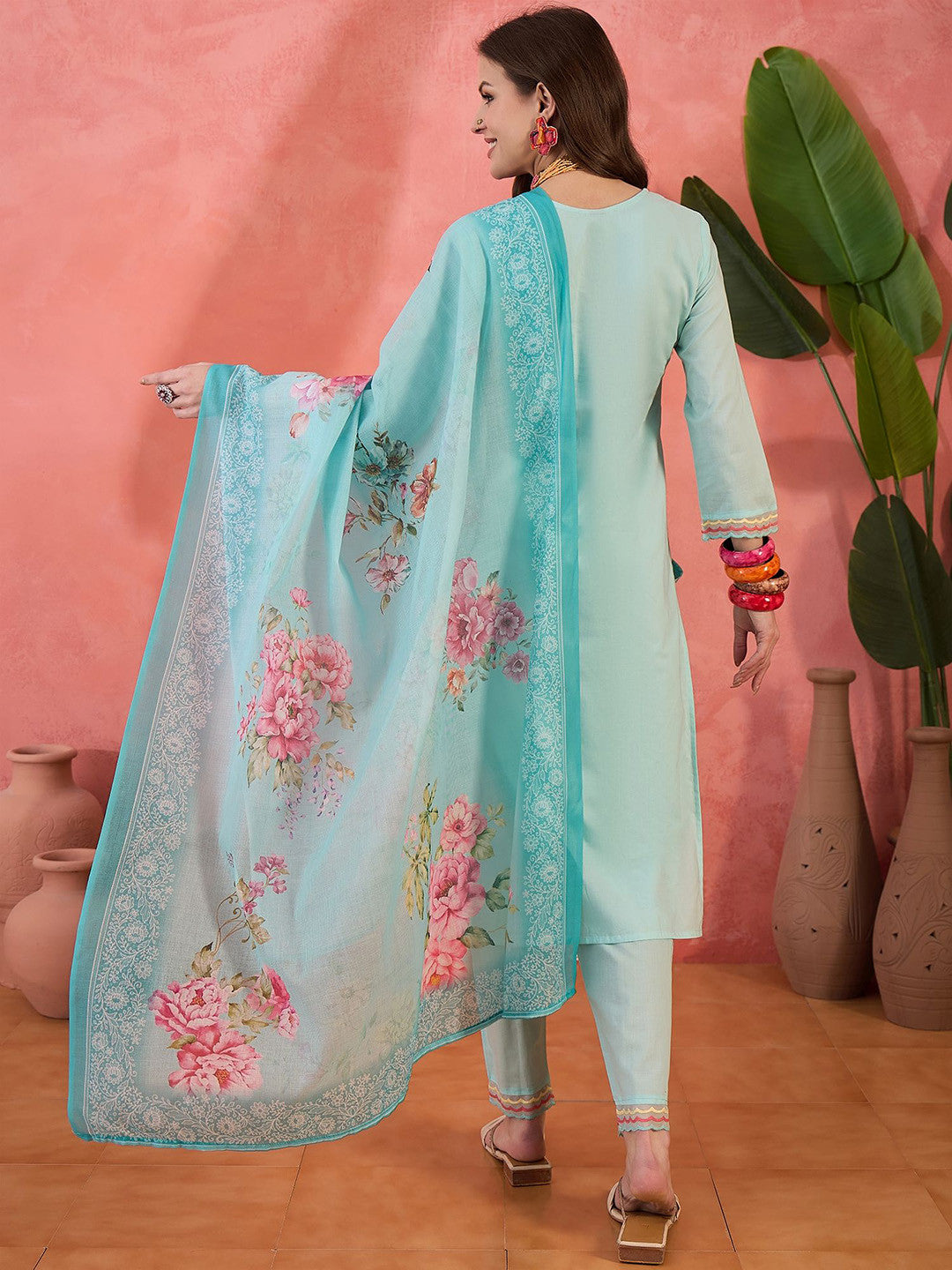 Floral Embroidered Schiffli Pure Cotton Straight Kurta With Trouser And Dupatta