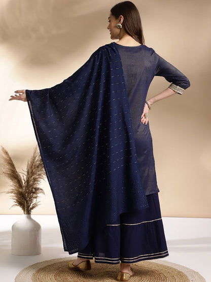 Dhiyona AN Ethnic Motifs Embroidered Round Neck Straight Kurta with Sharara & Dupatta