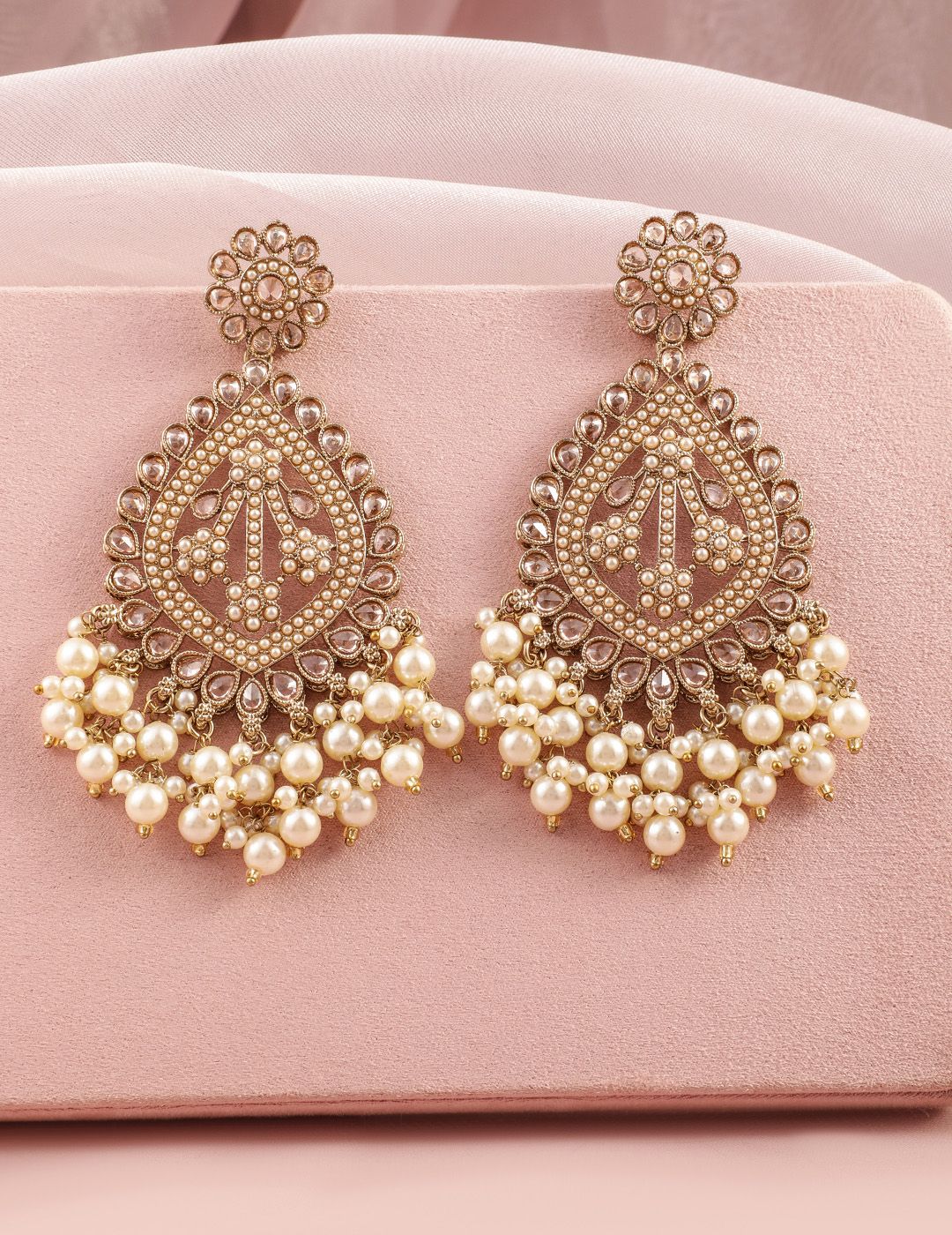 Dhiyona RJ Women's 18K Mehandi Gold-Plated Long Chandbali Earrings with Pearl Drops & Kundan Accents