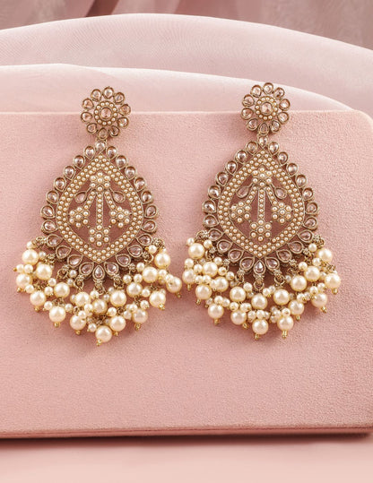 Dhiyona RJ Women's 18K Mehandi Gold-Plated Long Chandbali Earrings with Pearl Drops & Kundan Accents