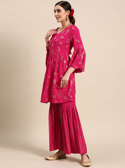 Dhiyona AN Floral Foil Printed Regular Kurta With Sharara