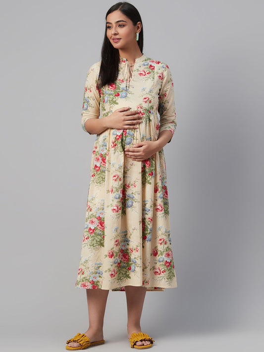 Dhiyona AY Women's Beige & Pink Floral Print Maternity A-Line Dress