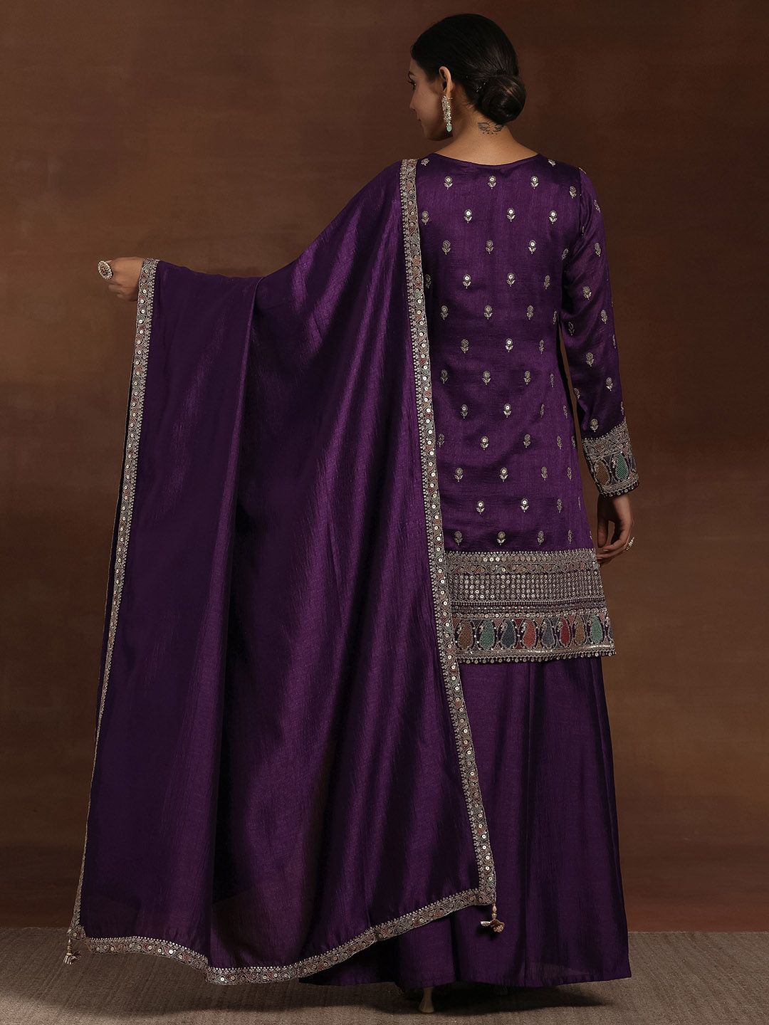 Dhiyona LL Ethnic Motifs Embroidered Sequinned Kurta With Palazzos & Dupatta