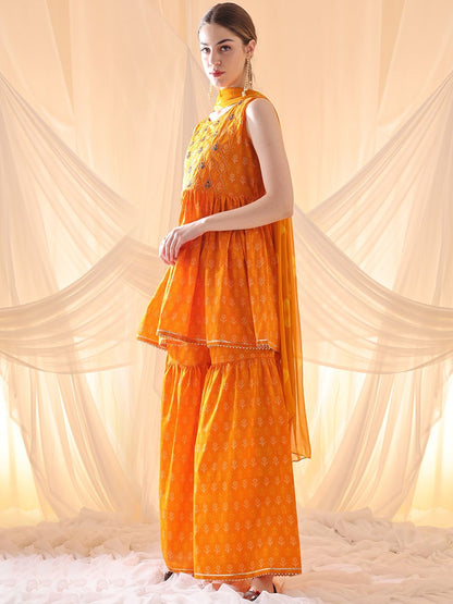 Dhiyona AN Floral Embroidered Empire Pure Cotton Kurti with Sharara & Dupatta