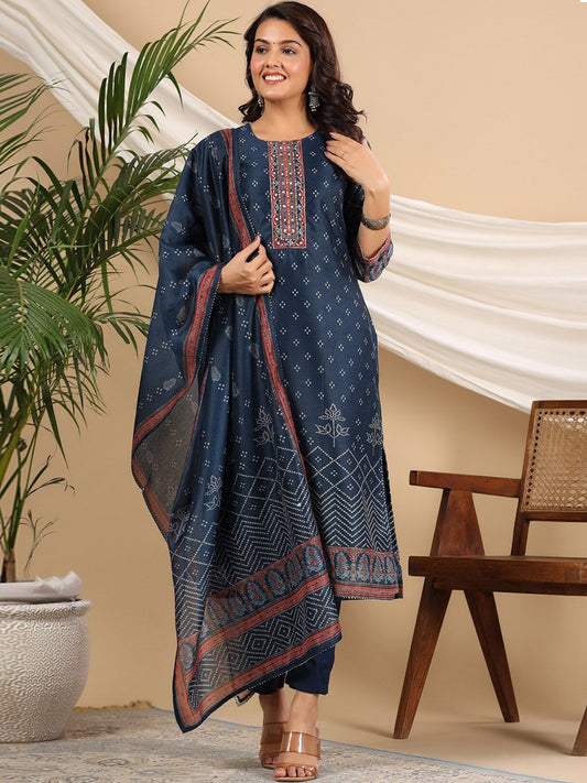 Dhiyona RR Women's Bandhani Printed Sequinned Kurta with Trousers & Dupatta