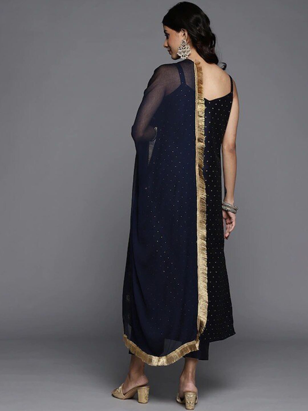 Dhiyona VA Women's Navy Blue Printed Kurta with Trousers & Dupatta