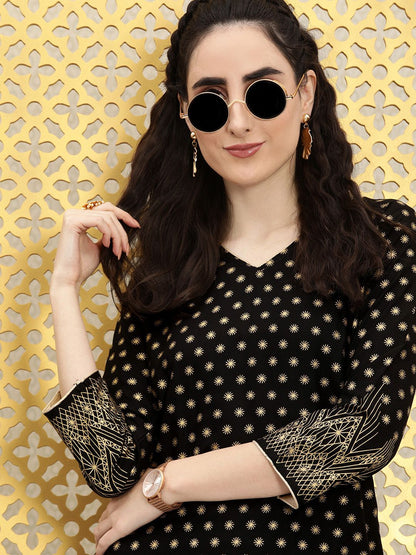 Dhiyona OD  Women Black Ethnic Motifs Printed V-Neck Straight Rozana Kurta