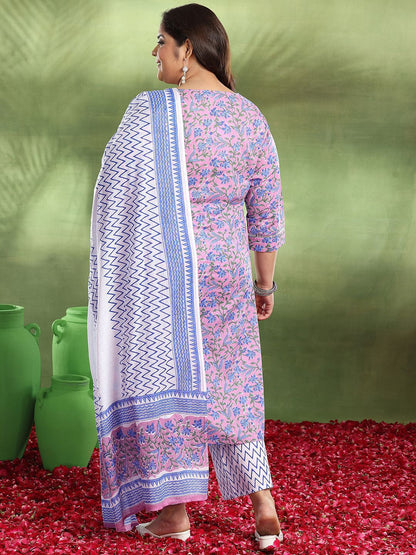 Dhiyona Women's Plus Size Floral Printed Pure Cotton Straight Kurta Trousers & Dupatta