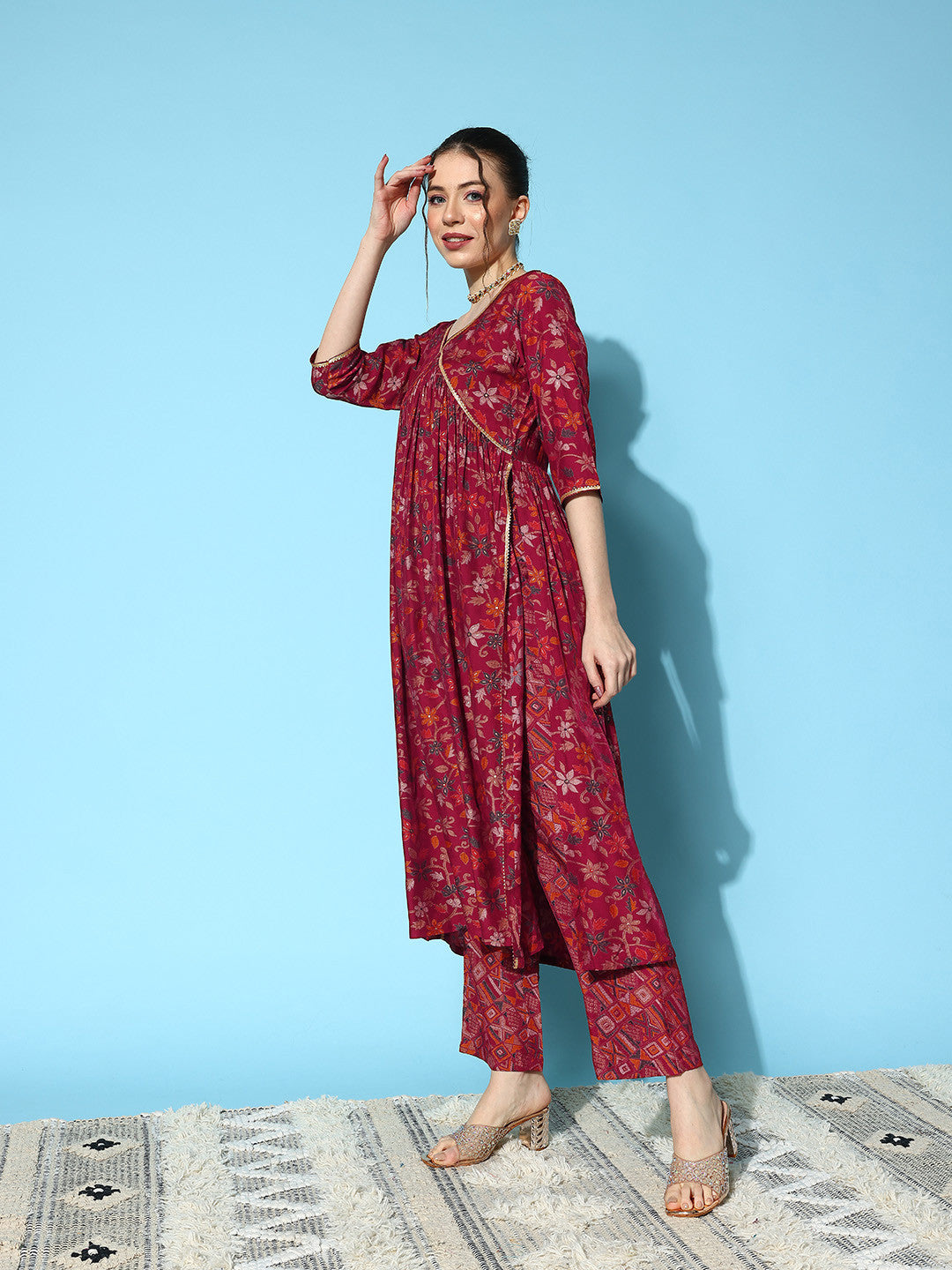 Alia Cut Floral Printed High Slit Gotta Patti Kurta with Trousers & Dupatta