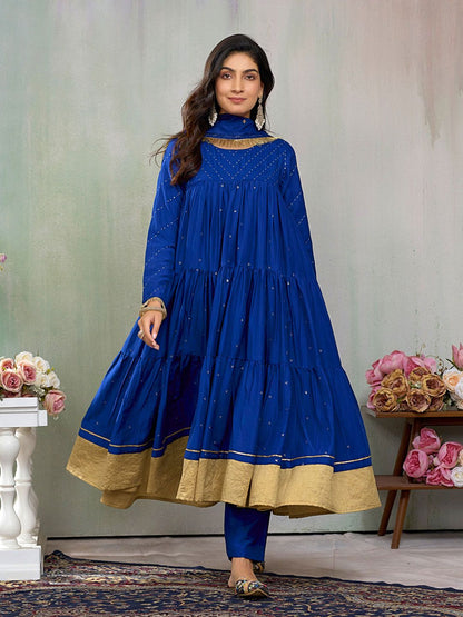 Dhiyona CH Women Floral Embroidered Tiered Sequinned A-Line Kurta With Trousers & Dupatta