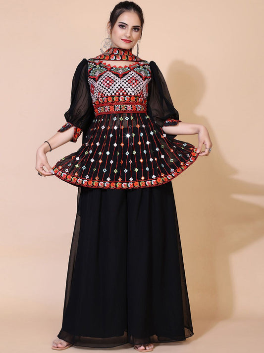 Dhiyona KL Ethnic Motifs Embroidered Mirror Work Kurti With Palazzos & Dupatta
