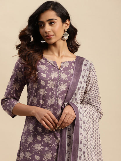 Maroon Floral Printed Pure Cotton Kurta With Trouser & Dupatta