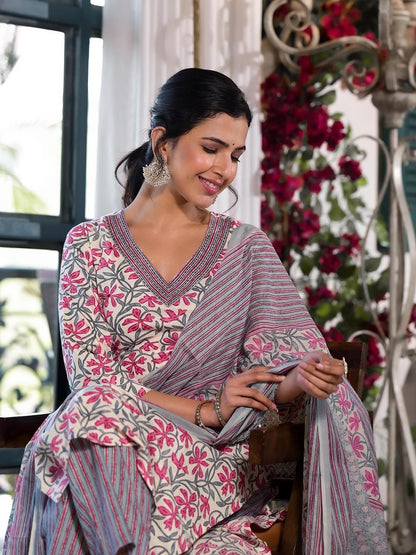 Dhiyona KL Floral Printed Regular Thread Work Pure Cotton Kurta ,Trousers & Dupatta