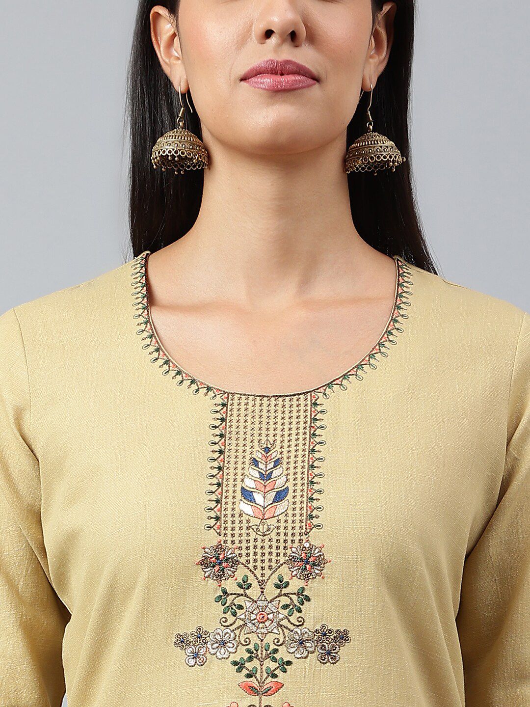 Dhiyona KL Women Beige Embroidered Kurta with Trousers & With Dupatta