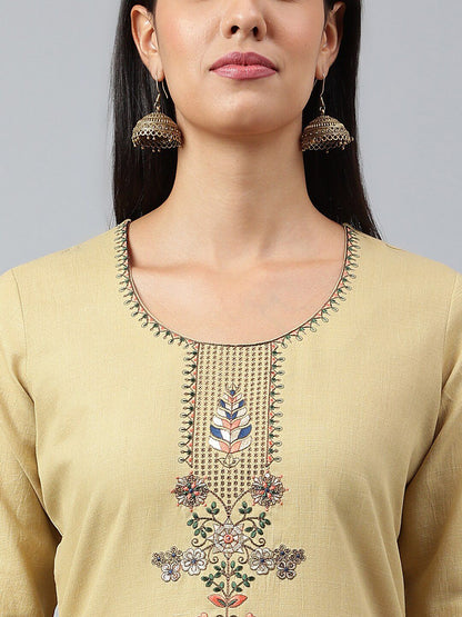 Dhiyona KL Women Beige Embroidered Kurta with Trousers & With Dupatta