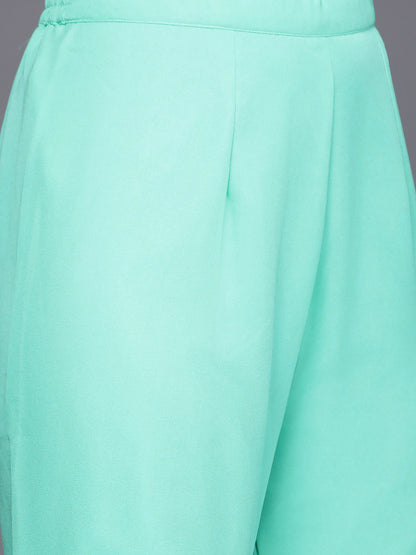 Womens Sea Green Embroidered Georgette Straight Kurti With Sharara & Dupatta